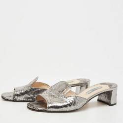 Prada Metallic Grey Python Embossed Leather Slide Sandals Size 37