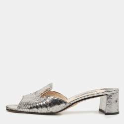 Prada Metallic Grey Python Embossed Leather Slide Sandals Size 37