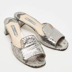 Prada Metallic Grey Python Embossed Leather Slide Sandals Size 37