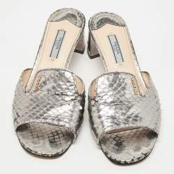 Prada Metallic Grey Python Embossed Leather Slide Sandals Size 37