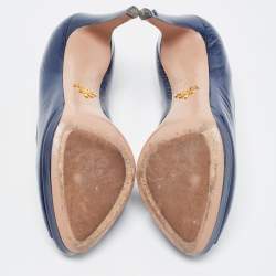 Pre Owned Prada Navy Blue Patent Leather Peep Toe Pumps  Size 38