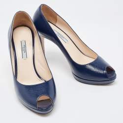Pre Owned Prada Navy Blue Patent Leather Peep Toe Pumps  Size 38
