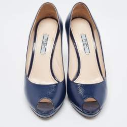 Pre Owned Prada Navy Blue Patent Leather Peep Toe Pumps  Size 38