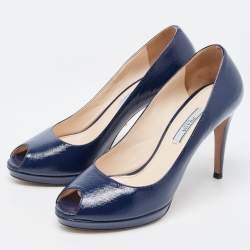 Pre Owned Prada Navy Blue Patent Leather Peep Toe Pumps  Size 38