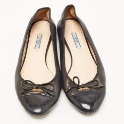 Prada Black Leather and Patent Cap Toe Bow Ballet Flats Size 40.5 