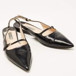 Prada Black Leather Buckle Slingback Flat Sandals Size 39.5