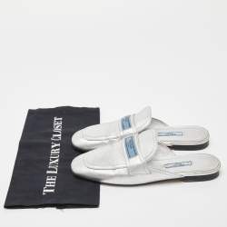 Pre Owned Prada Silver Leather Flat Mules Size 37.5
