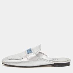 Pre Owned Prada Silver Leather Flat Mules Size 37.5