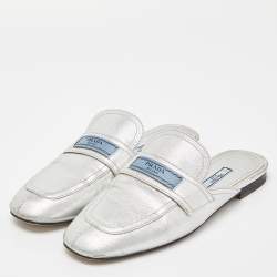Pre Owned Prada Silver Leather Flat Mules Size 37.5
