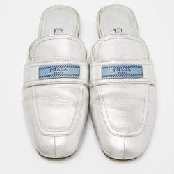 Pre Owned Prada Silver Leather Flat Mules Size 37.5