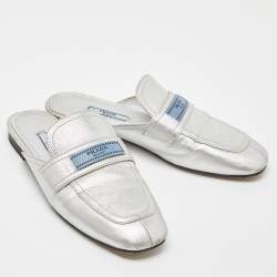 Pre Owned Prada Silver Leather Flat Mules Size 37.5