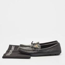 Pre Owned Prada Black Leather Logo Embellished Bow Slip On Loafers Size 38.5