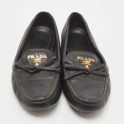 Pre Owned Prada Black Leather Logo Embellished Bow Slip On Loafers Size 38.5