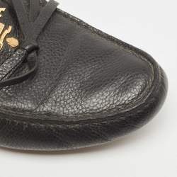 Pre Owned Prada Black Leather Logo Embellished Bow Slip On Loafers Size 38.5