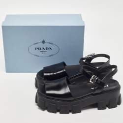 Prada Black Brushed Leather Monolith Platform Sandals Size 41