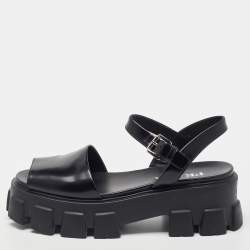 Prada Black Brushed Leather Monolith Platform Sandals Size 41