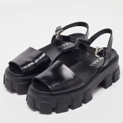 Prada Black Brushed Leather Monolith Platform Sandals Size 41