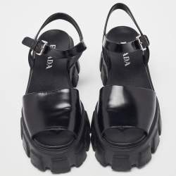 Prada Black Brushed Leather Monolith Platform Sandals Size 41