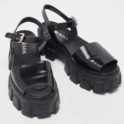 Prada Black Brushed Leather Monolith Platform Sandals Size 41