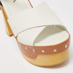 Prada White/Black Leather Studded Platform Block Heel Ankle Strap Sandals Size 40