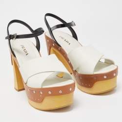 Prada White/Black Leather Studded Platform Block Heel Ankle Strap Sandals Size 40