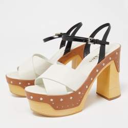 Prada White/Black Leather Studded Platform Block Heel Ankle Strap Sandals Size 40