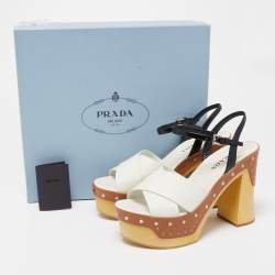 Prada White/Black Leather Studded Platform Block Heel Ankle Strap Sandals Size 40