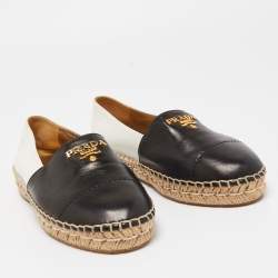 Pre Owned Prada Black/White Leather Logo Espadrille Flats Size 35.5 