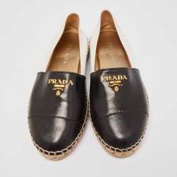 Pre Owned Prada Black/White Leather Logo Espadrille Flats Size 35.5 