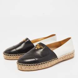 Pre Owned Prada Black/White Leather Logo Espadrille Flats Size 35.5 