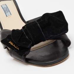 Pre Owned Prada Black Leather Bow Slide Sandals Size 39.5