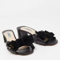 Pre Owned Prada Black Leather Bow Slide Sandals Size 39.5