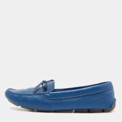Pre Owned Prada Blue Leather Slip On Loafers Size 38