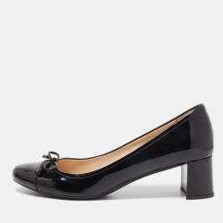 Pre Owned Prada Black Patent Leather Bow Block Heel Pumps Size 37.5