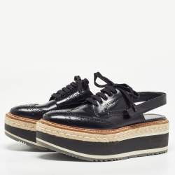 Prada Black Brogue Leather Lace Up Platform Slingback Derby Size 38.5