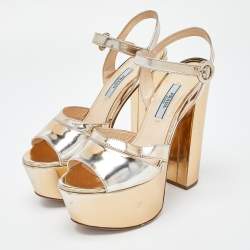 Prada Gold Patent Leather Platform Ankle Strap Sandals Size 36