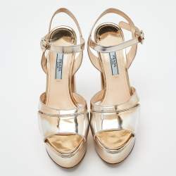 Prada Gold Patent Leather Platform Ankle Strap Sandals Size 36