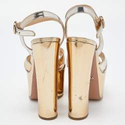 Prada Gold Patent Leather Platform Ankle Strap Sandals Size 36