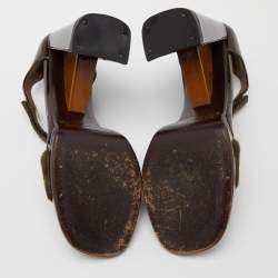Pre Owned Prada Olive Green/Brown Calf Hair and Patent Leather Platform Ankle Strap Sandals Size 36.5