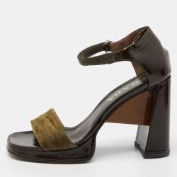 Pre Owned Prada Olive Green/Brown Calf Hair and Patent Leather Platform Ankle Strap Sandals Size 36.5