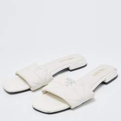 Prada White Quilted Leather Logo Slides Size 40