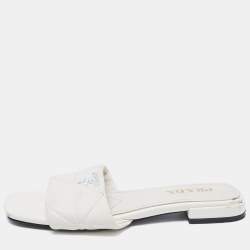 Prada White Quilted Leather Logo Slides Size 40