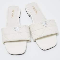 Prada White Quilted Leather Logo Slides Size 40