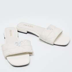 Prada White Quilted Leather Logo Slides Size 40