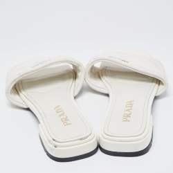 Prada White Quilted Leather Logo Slides Size 40