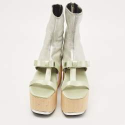 Pre Owned Prada Silver/Mint Green Leather and Satin Bow Platform Sandals Size 40