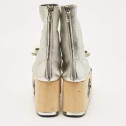 Pre Owned Prada Silver/Mint Green Leather and Satin Bow Platform Sandals Size 40