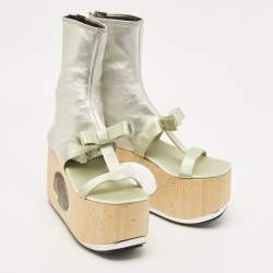 Pre Owned Prada Silver/Mint Green Leather and Satin Bow Platform Sandals Size 40