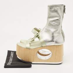 Pre Owned Prada Silver/Mint Green Leather and Satin Bow Platform Sandals Size 40