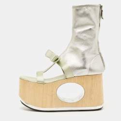 Pre Owned Prada Silver/Mint Green Leather and Satin Bow Platform Sandals Size 40